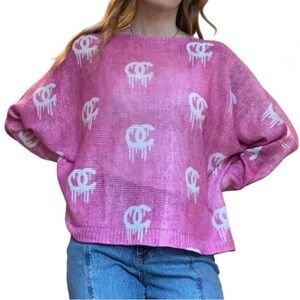 Free for Humanity Pink Drippy Letters Knit Sheer One Size Sweater
